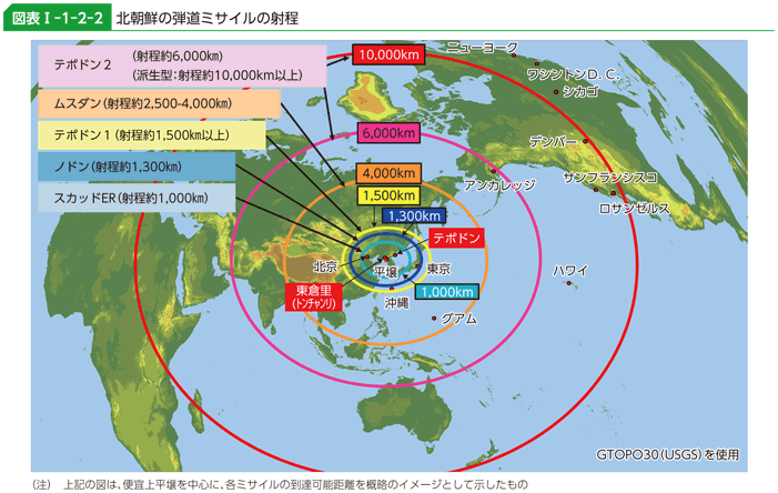 北朝鮮弾道ミサイルの射程(防衛白書より)zuhyo01010202.gif